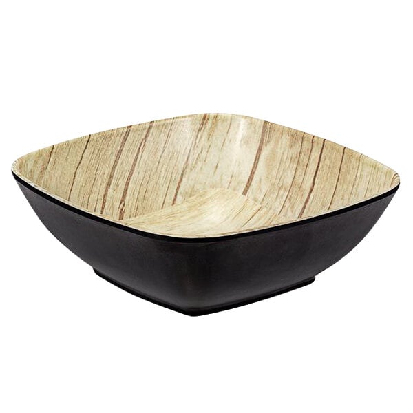A square white melamine bowl with a wood grain pattern.