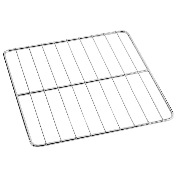 A metal wire rack with a grid on it.