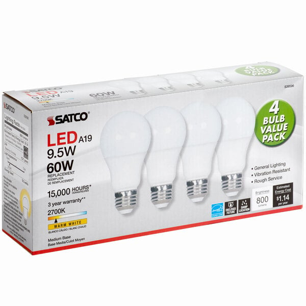 A box of four Satco frosted multi-directional LED light bulbs.