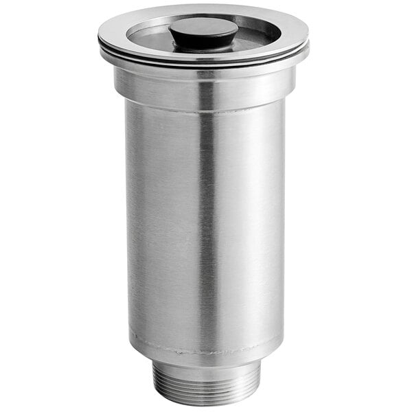 A silver cylinder with a stainless steel strainer basket and black rubber stopper.