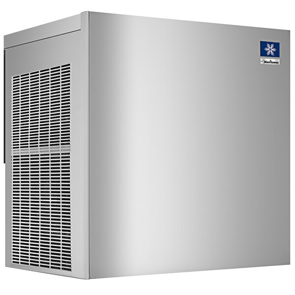 A white rectangular Manitowoc water cooled ice machine with a blue and white logo on the vent.