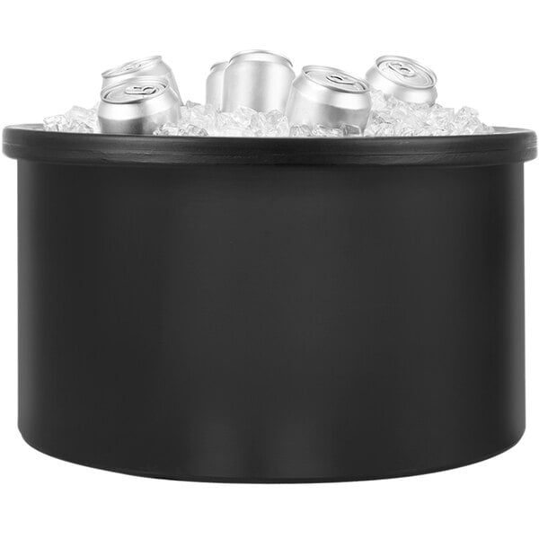 A black IRP round countertop ice bin filled with ice and white cans.
