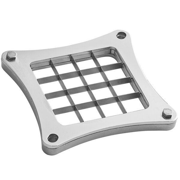 A silver square stainless steel dicer blade with holes.