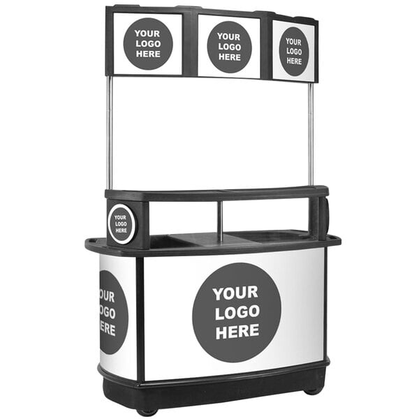 An IRP illuminated tri-canopy beverage cart with a black and white display stand and a white sign.