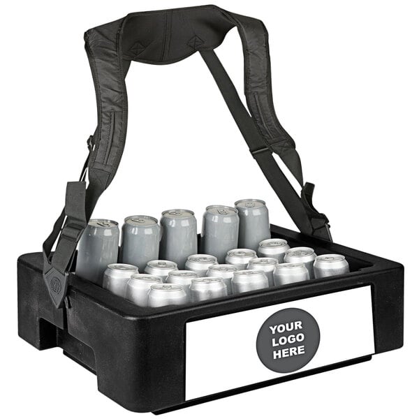 A black IRP Multi-Hawker cooler with silver cans in it and a black strap.