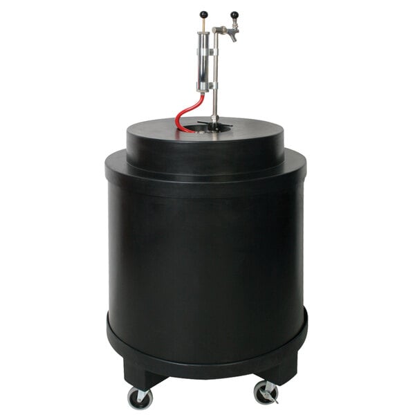 An IRP black keg cooler with wheels and a tube on top.