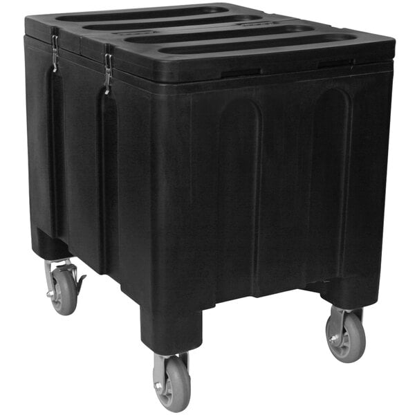 A black plastic IRP Ice Caddy on wheels.