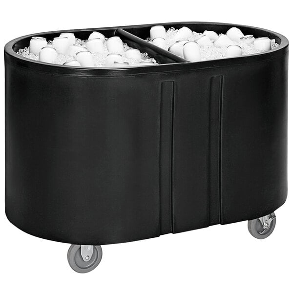 A black IRP Texas Tanker insulated ice bin on wheels filled with ice and soda cans.