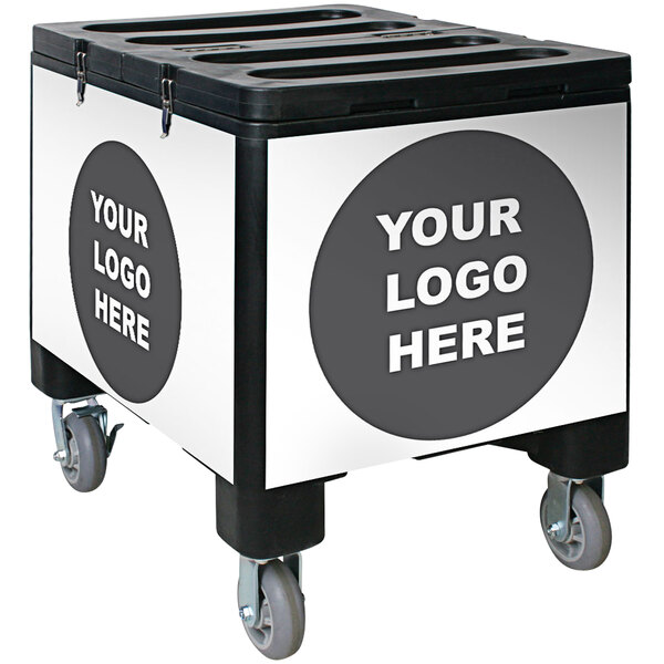 A black and white container with wheels for ice and beverages with the words "Your Logo Here" on the side.