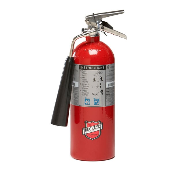 A red Buckeye fire extinguisher with a black handle.
