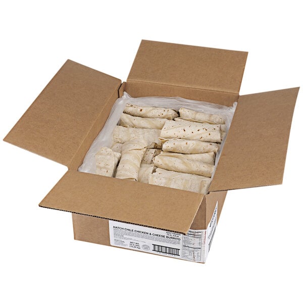 A white box of Posada Hatch Chile and Cheese Chicken Burritos.