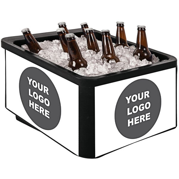 A black IRP Maximizer countertop merchandiser filled with ice and brown beer bottles.