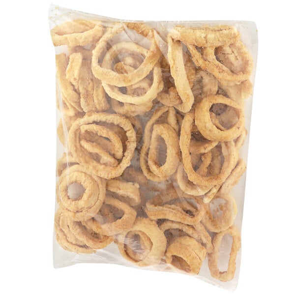 A white plastic bag filled with Fred's Battered Skinny Dipped Onion Rings.