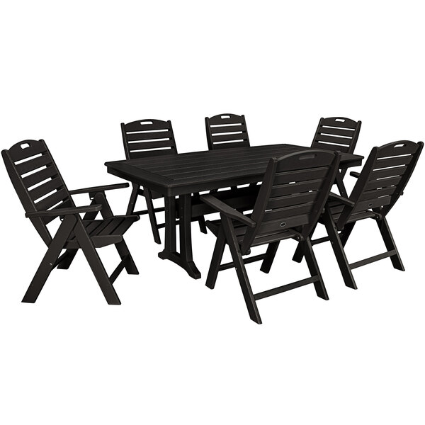 A POLYWOOD black outdoor dining set with a Nautical trestle table and six folding chairs.