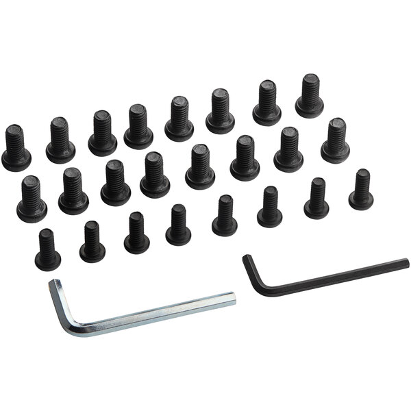 A group of Lancaster Table & Seating screws and nuts with a wrench.