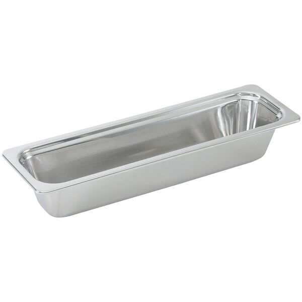 A Vollrath stainless steel steam table food pan with a rectangular bottom and a mirror finish.