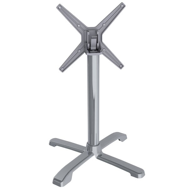 A polished aluminum FLAT Tech table base with a flip top mechanism.