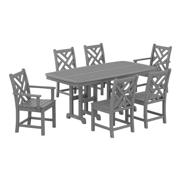 POLYWOOD Chippendale 7-Piece Slate Grey Dining Set with Nautical Table