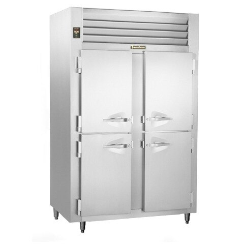 A stainless steel Traulsen reach-in freezer with two half doors.