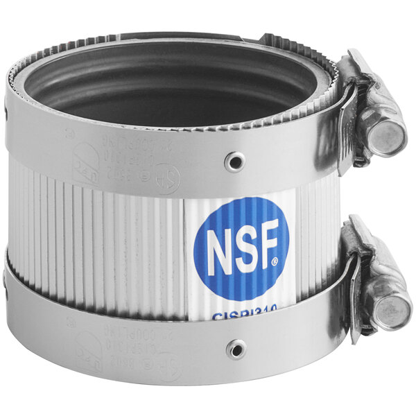 A stainless steel Easyflex hose clamp with the NSF logo on a metal pipe.