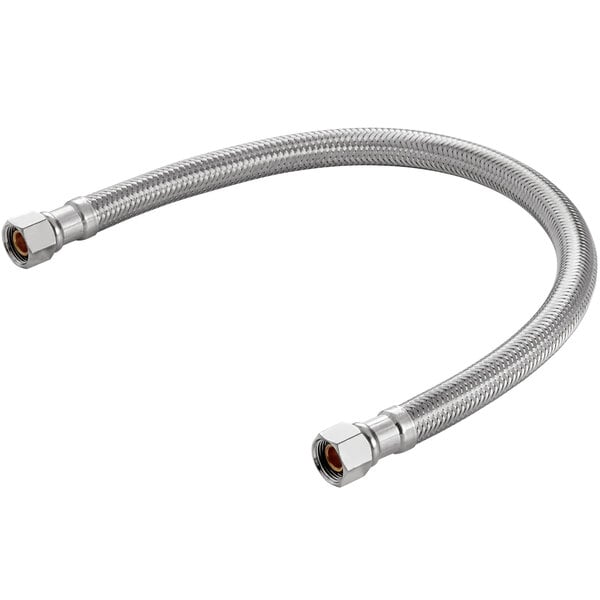 A stainless steel flexible faucet connector hose with two nuts.
