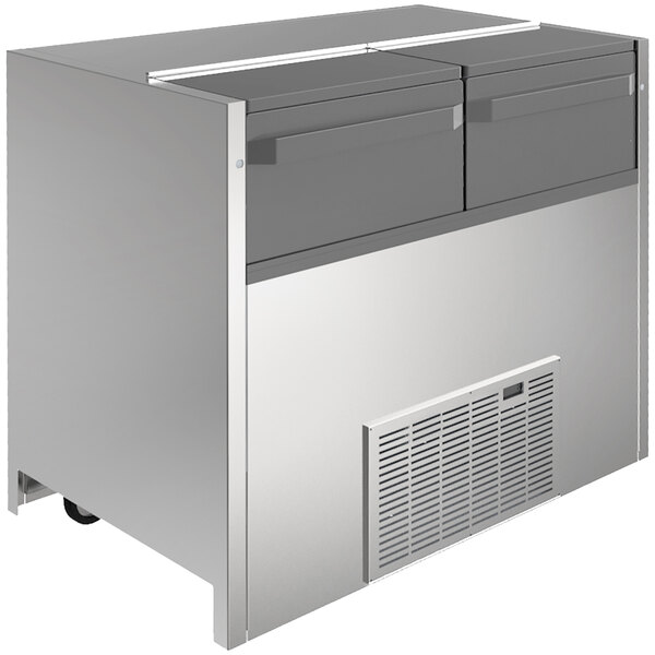 A Delfield stainless steel self-contained air curtain beverage cooler with two drawers.