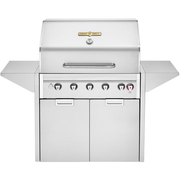 A stainless steel Crown Verity portable outdoor grill with two doors.