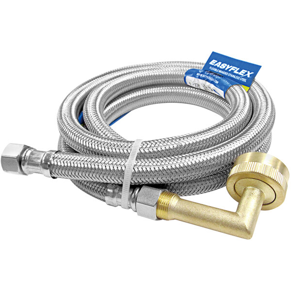 A stainless steel braided dishwasher connector hose with a brass elbow.