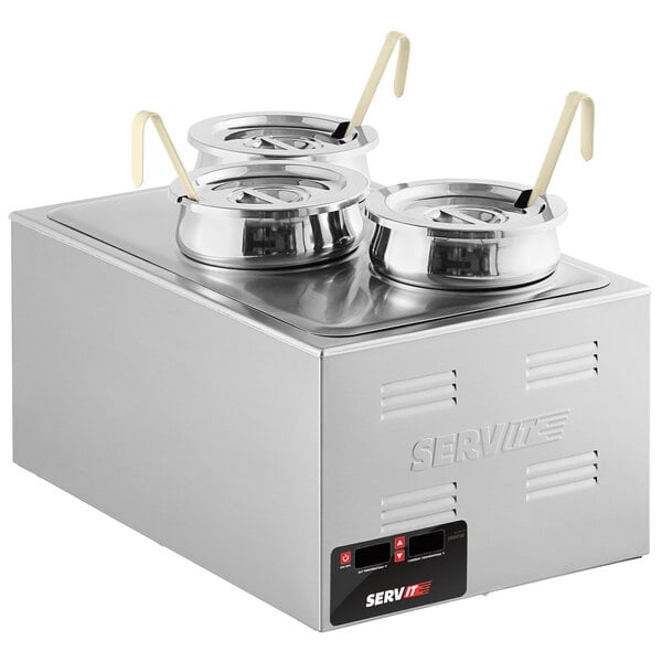 A silver rectangular ServIt countertop food warmer with three wells on top.
