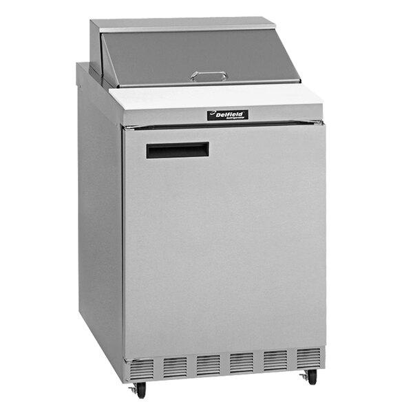A Delfield stainless steel refrigerated sandwich prep table with one door.