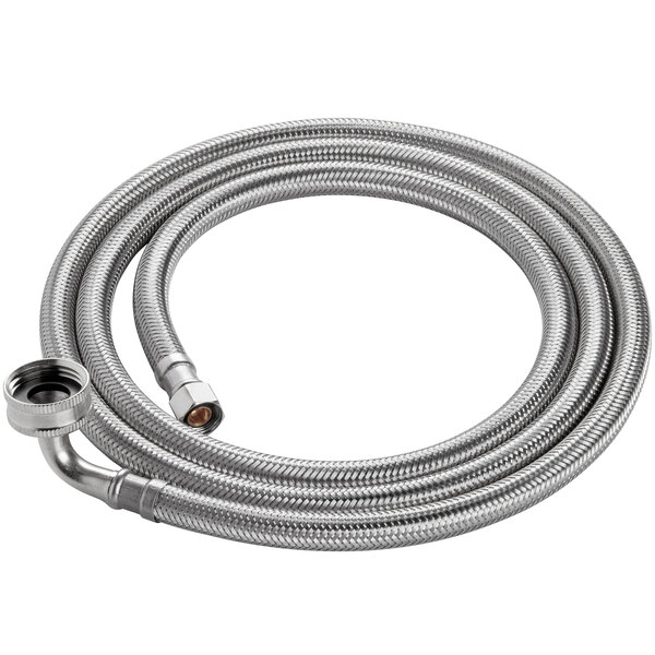 A close-up of a 60" stainless steel braided dishwasher connector hose with a 3/8" compression x 3/4" garden hose elbow.