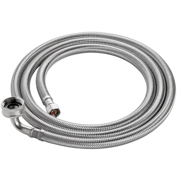 A close-up of a stainless steel braided dishwasher connector hose with a 3/8" compression x 3/4" garden hose elbow.