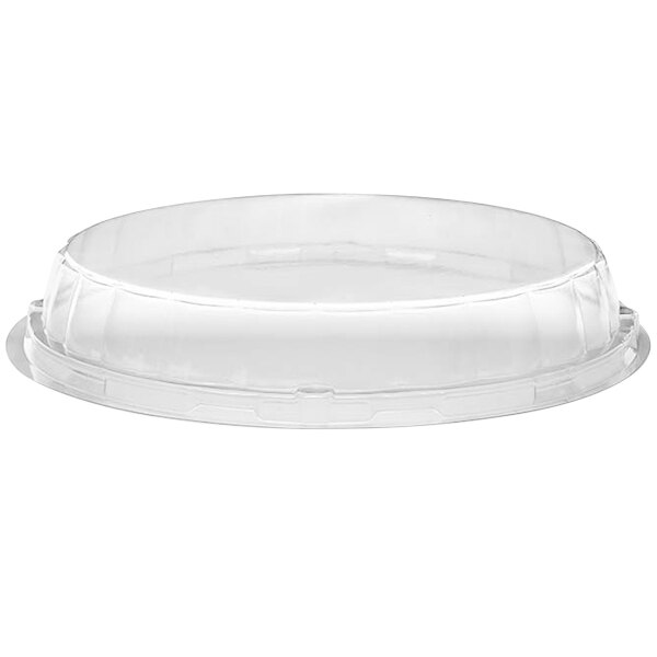 A clear plastic lid for a baking mold on a white background.
