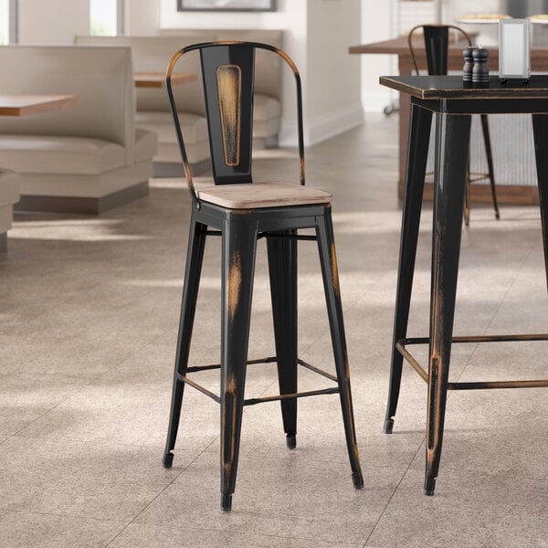Lancaster Table & Seating Alloy Series Distressed Copper Indoor Cafe Barstool with Gray Wood Seat