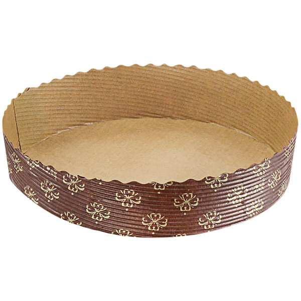 A brown corrugated kraft paper baking mold with a design on it.