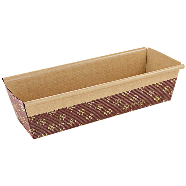 A brown and tan rectangular container with a pattern on it.