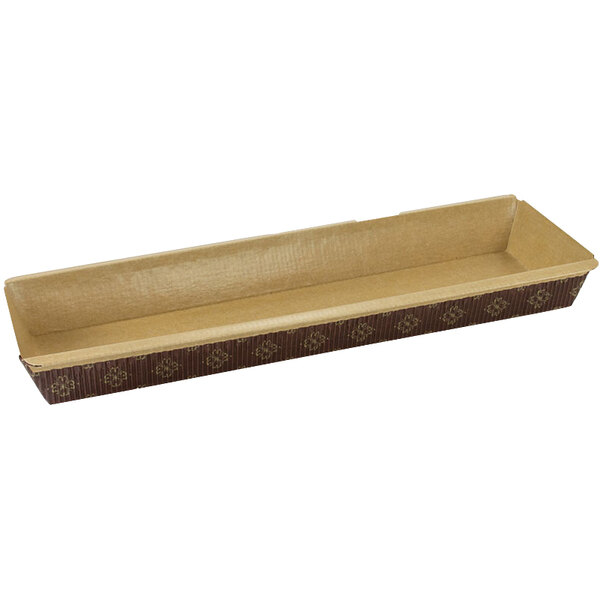 A brown rectangular corrugated kraft paper bread loaf pan.