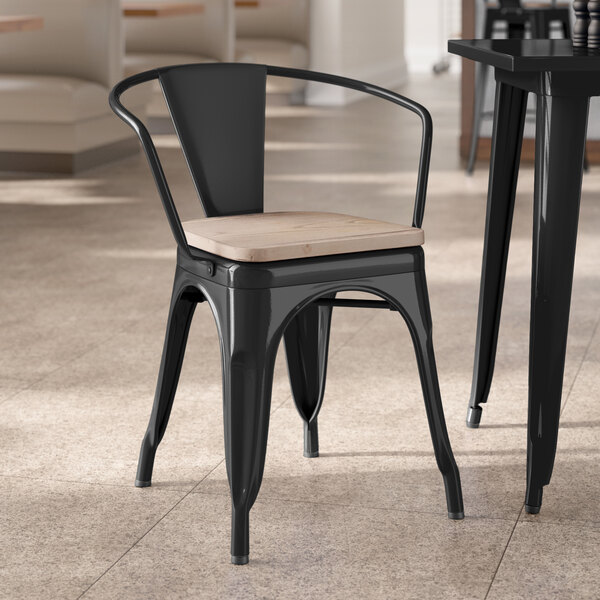 Lancaster Table & Seating Alloy Series Black Indoor Arm Chair with Gray Wood Seat