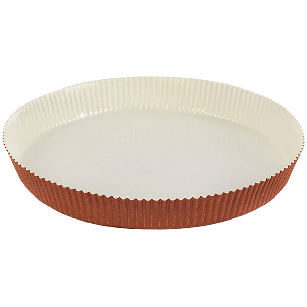 A close-up of a brown and white Novacart Optima Terra Cotta paper baking dish with a rim.