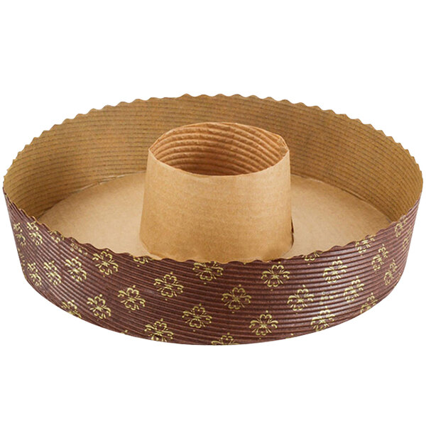 A round brown and gold corrugated paper baking ring with a hole in the center.