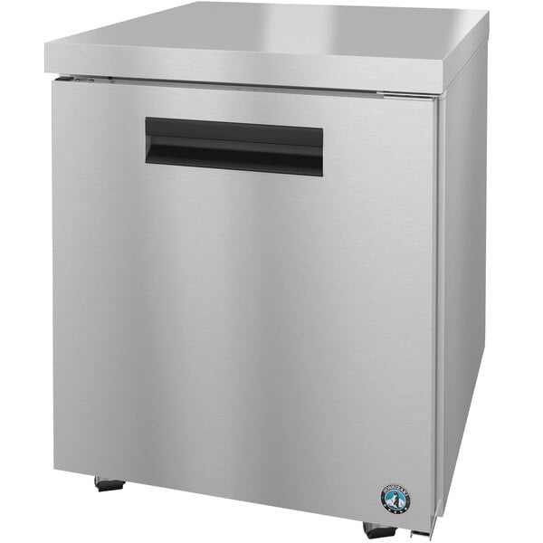 A silver rectangular Hoshizaki Steelheart undercounter refrigerator with a black handle.