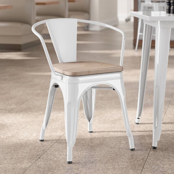 Lancaster Table & Seating Alloy Series Pearl White Indoor Arm Chair with Gray Wood Seat