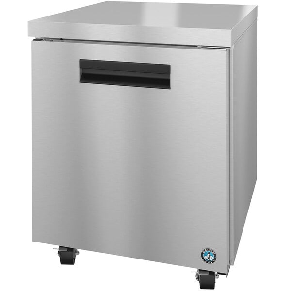 A silver stainless steel Hoshizaki Steelheart undercounter refrigerator with a black handle.