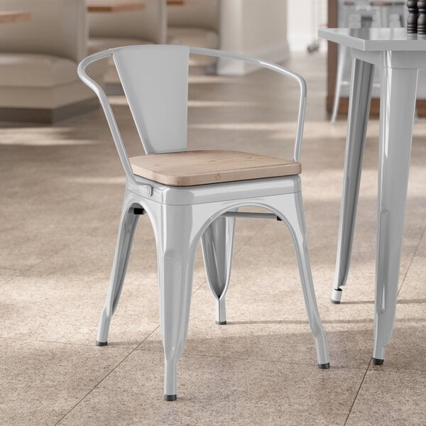 Lancaster Table & Seating Alloy Series Silver Indoor Arm Chair with Gray Wood Seat