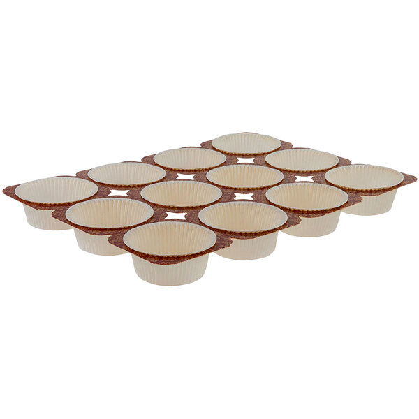 A close up of a Novacart paper muffin tray with six empty muffin cups.