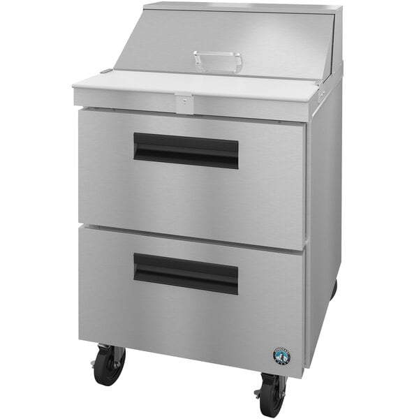 A stainless steel Hoshizaki two drawer refrigerated sandwich/salad prep table.
