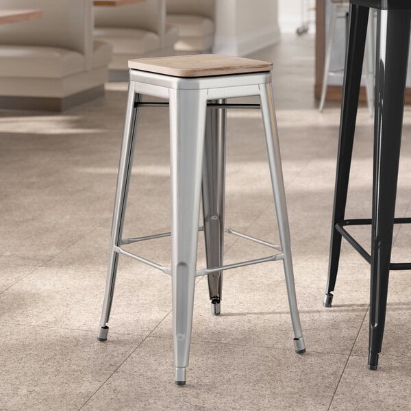 Lancaster Table & Seating Alloy Series Clear Coat Indoor Backless Barstool with Gray Wood Seat