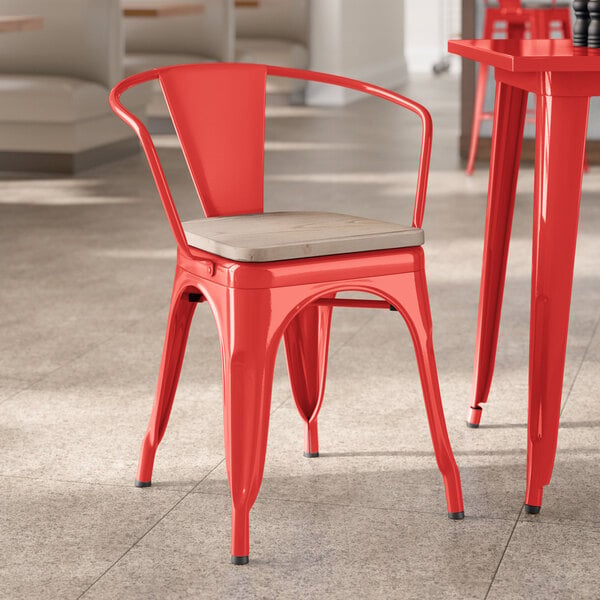 Lancaster Table & Seating Alloy Series Ruby Red Indoor Arm Chair with Gray Wood Seat