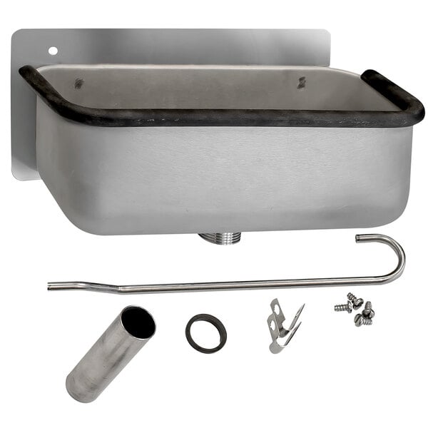 A Beverage-Air stainless steel dipper well with a metal tube and hook.