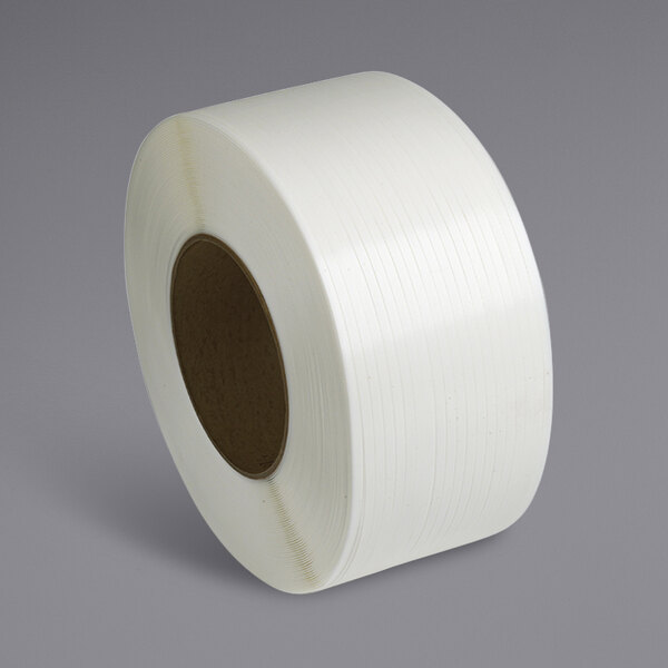 A white roll of PAC Strapping Products white polypropylene strapping